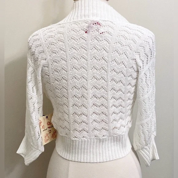 Derek Heart Vintage White Crochet Open Knit Long Sleeve Cropped Cardigan Size L - Picture 9 of 12